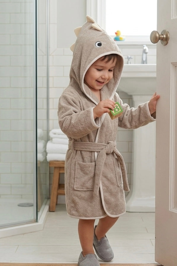 Silver dino Kids Bathrobe – Soft & Cozy | For Kids Aged 4-8 Years