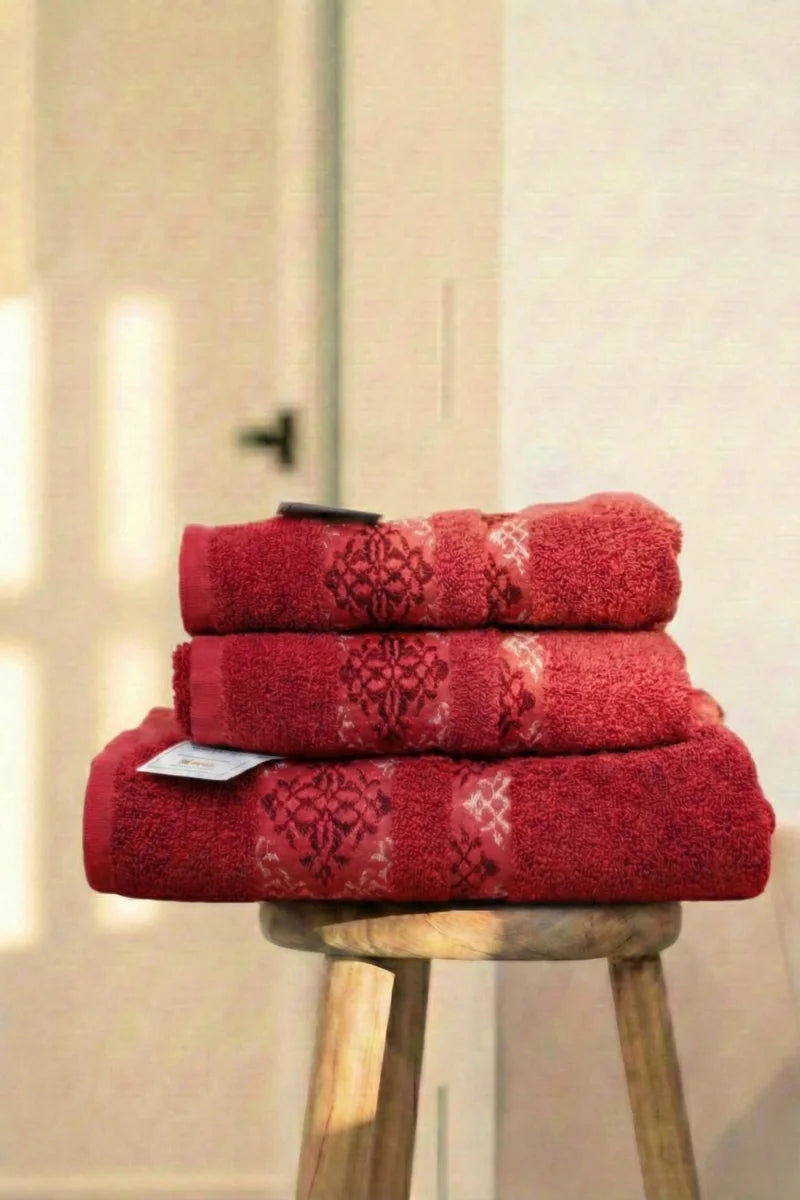 Cotton Towels Set | 3 Pcs | Elegant 3D Design | Available in Multiple Colors