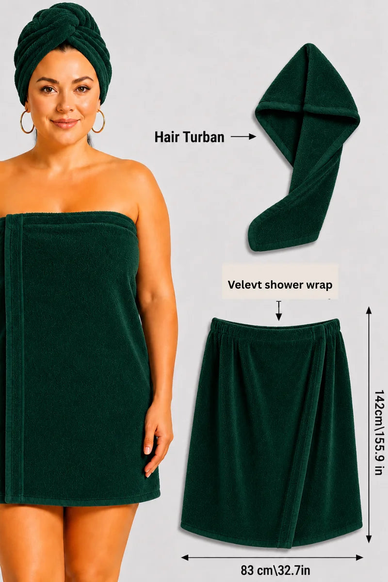 Velvet Shower Wrap with Hair Turban | For Ladies | Highly Absorbent | 4 Colors Available