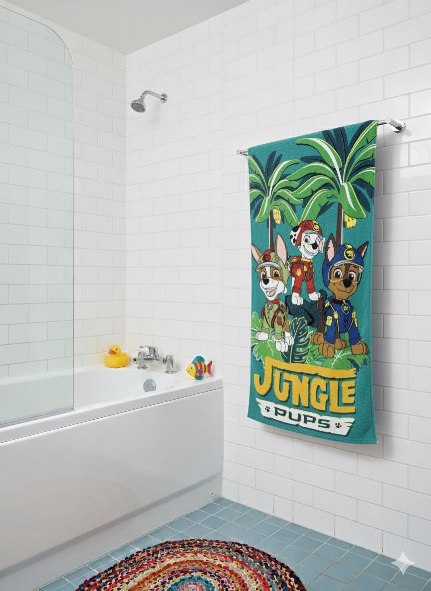 JUNGLE PUPS Cartoon Print Bath Towel – Fun & Colorful for Kids