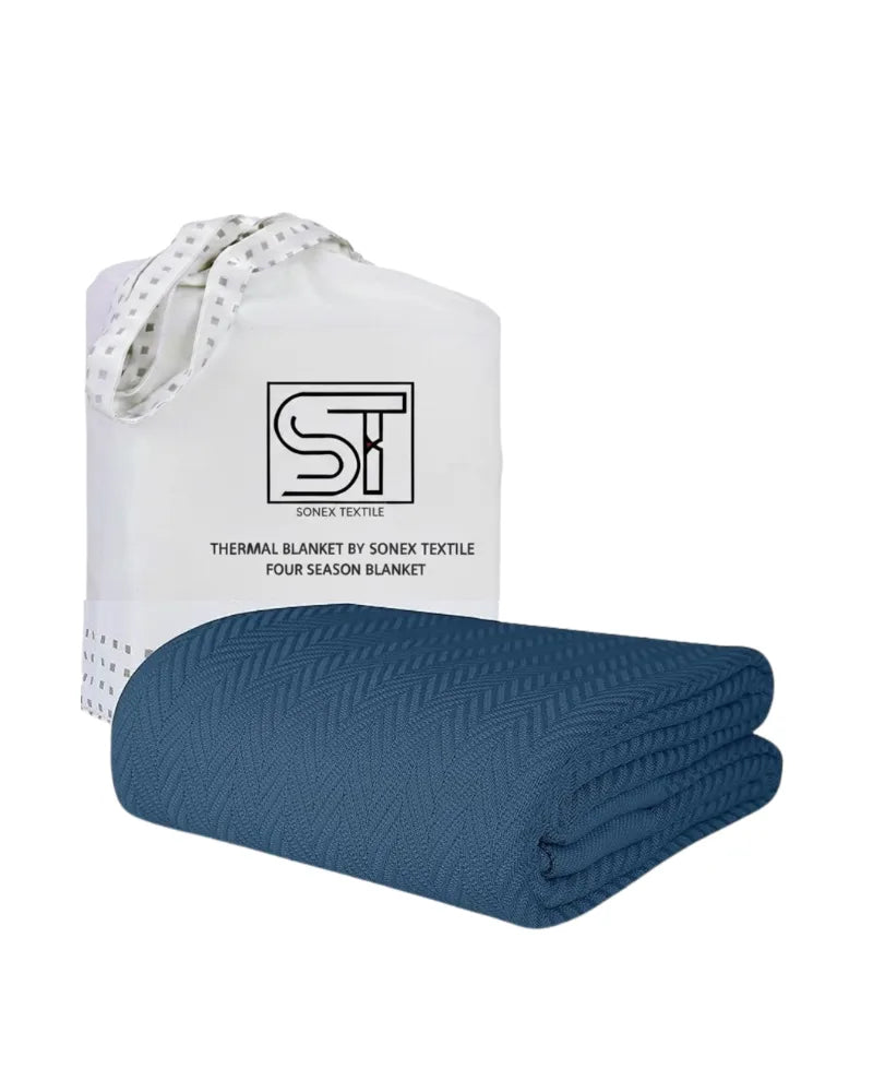 ULTRA SOFT THERMAL BLANKET – Navy (Double Bed 210x240 cm) | 100% Cotton Weave | Four-Season Comfort | 250 GSM