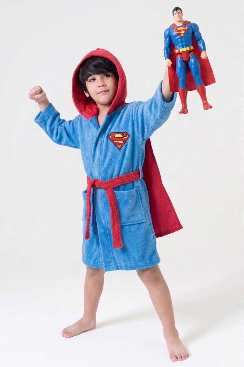 Super Man Hooded Kids Bathrobe – sky blue velvet (Ages 4, 6, & 8)