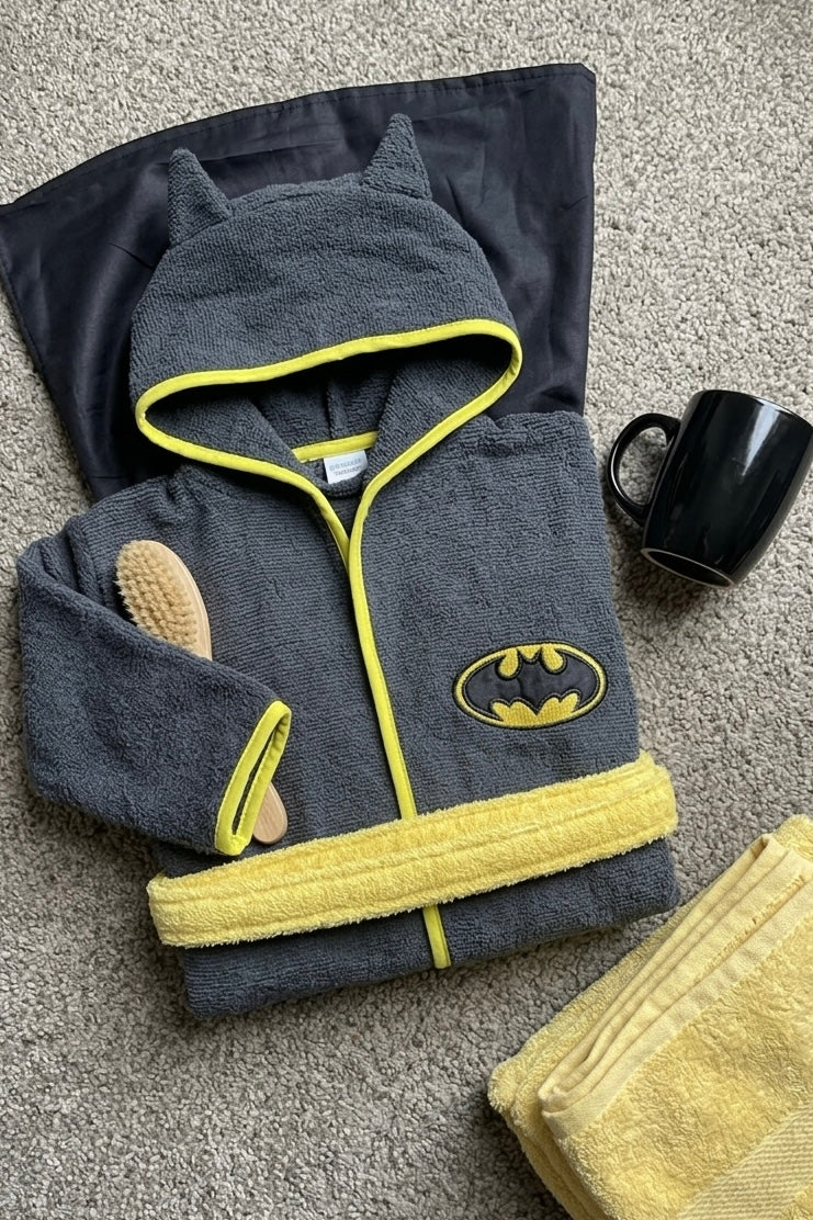 Bat man Hooded Kids Bathrobe – Dark Grey & Black (Ages 4, 6, & 8)