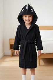BLACK dino Kids Bathrobe – Soft & Cozy | For Kids Aged 4-8 Years