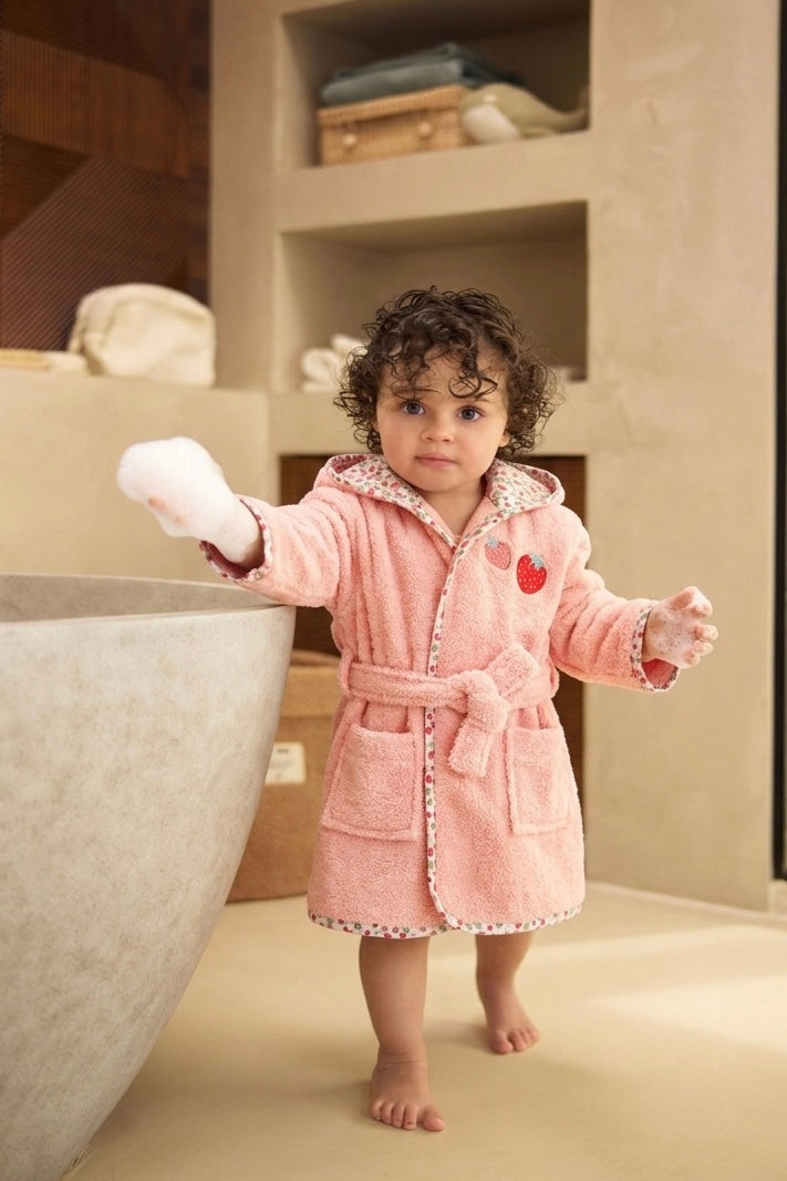 Strawberry Hooded Kids Bathrobe – Pink (Ages 9 Months to 3 Years)