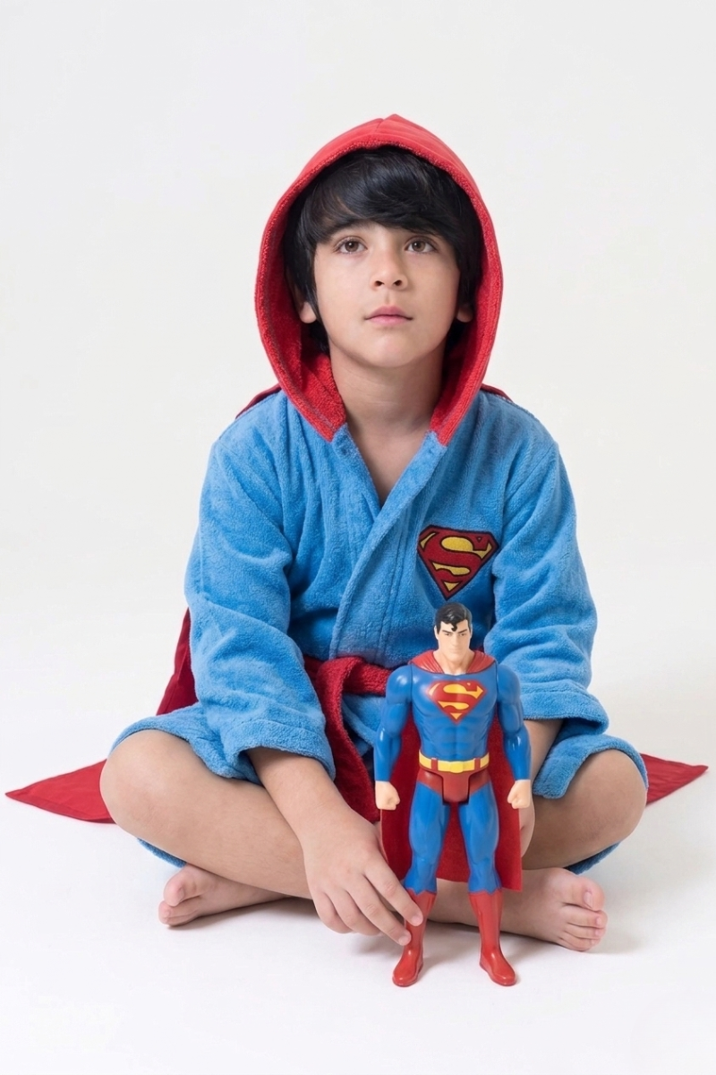 Super Man Hooded Kids Bathrobe – sky blue velvet (Ages 4, 6, & 8)