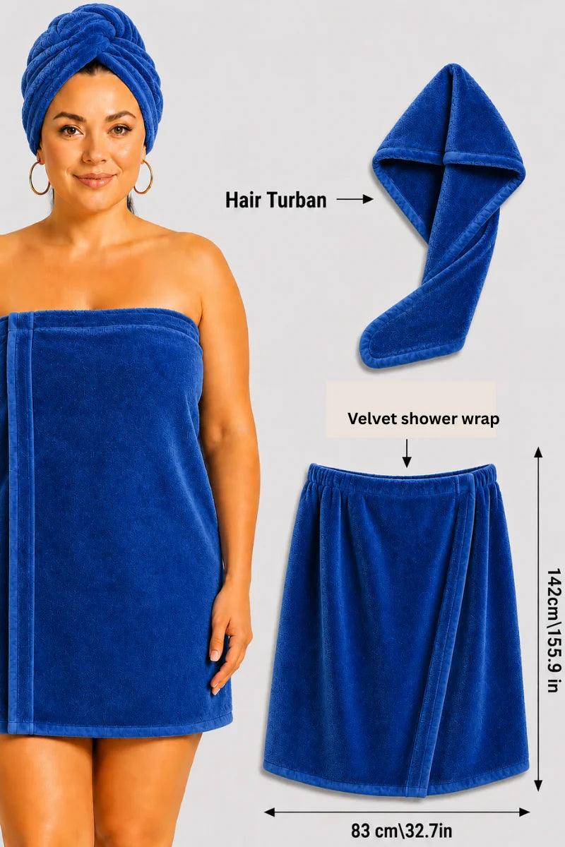 Velvet Shower Wrap with Hair Turban | For Ladies | Highly Absorbent | 4 Colors Available