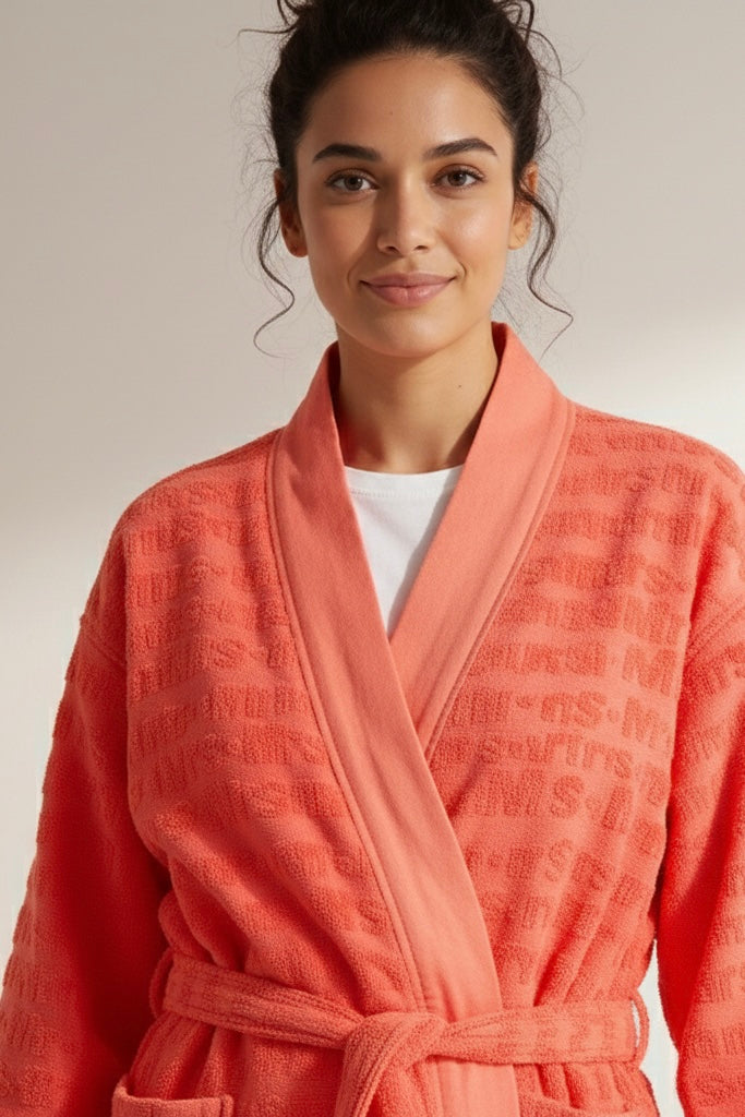 Women (Mr,s) embossed Bathrobe – Rich orange, Soft cotton , Luxurious Fit
