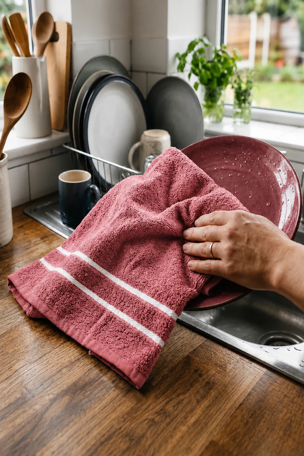 Dusty Rose Striped 6-Piece Hand Towel Set