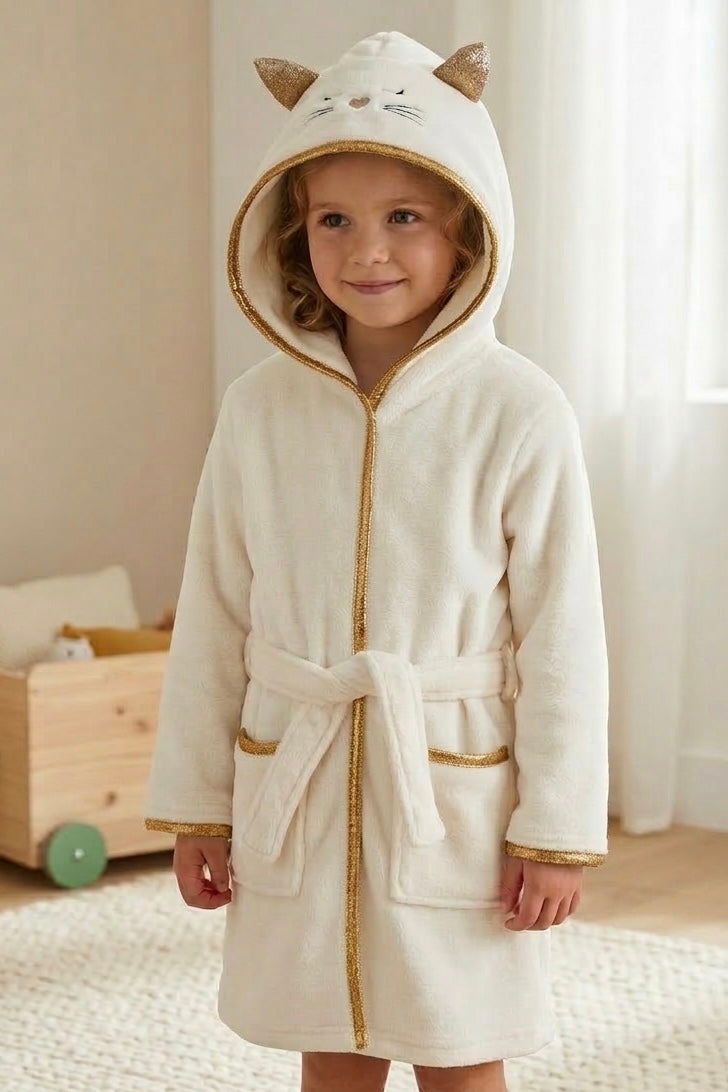 Cream Cat Kids Bathrobe – Soft & Cozy | 4–8 Years