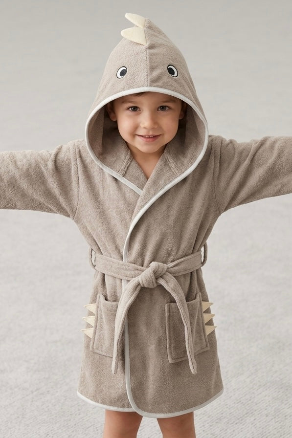 Silver dino Kids Bathrobe – Soft & Cozy | For Kids Aged 4-8 Years