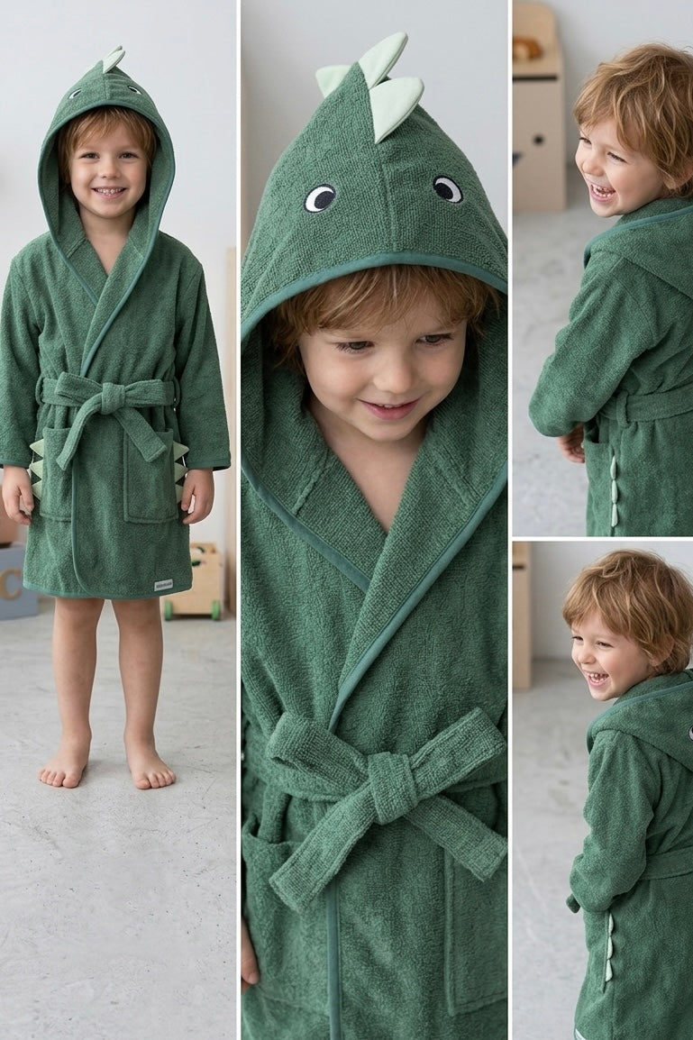 Green dino Kids Bathrobe – Soft & Cozy | For Kids Aged 4-8 Years