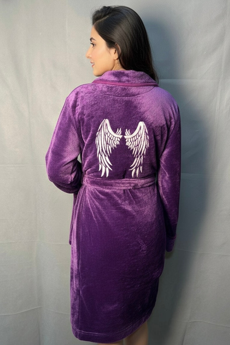 PURPLE ANGLE Embroidered Soft Plush Fleece Bathrobe