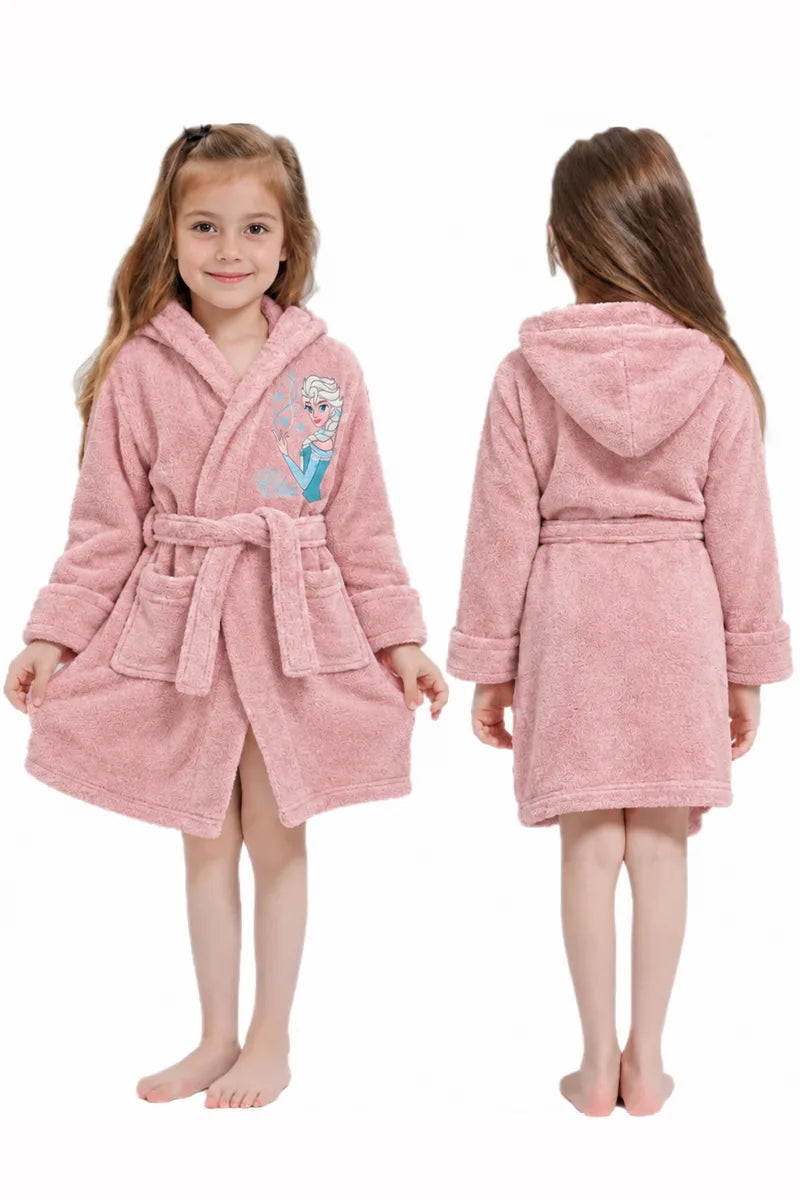 Elsa Frozen Hooded Kids Bathrobe – Cream & Dusty Pink (Ages 6, 8, 10, 12 Years)