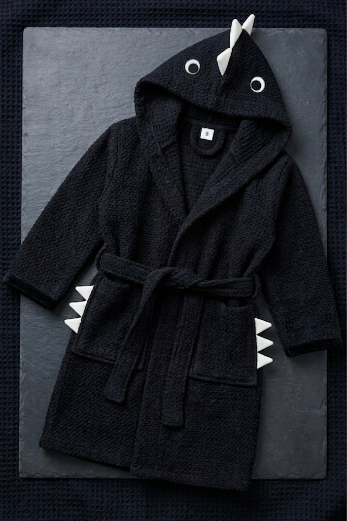 BLACK dino Kids Bathrobe – Soft & Cozy | For Kids Aged 4-8 Years