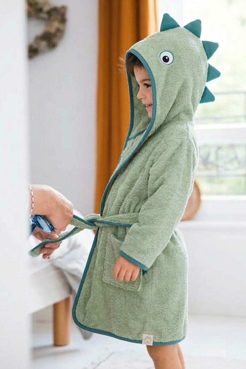 Green dino Kids Bathrobe – Soft & Cozy | For Kids Aged 4-8 Years