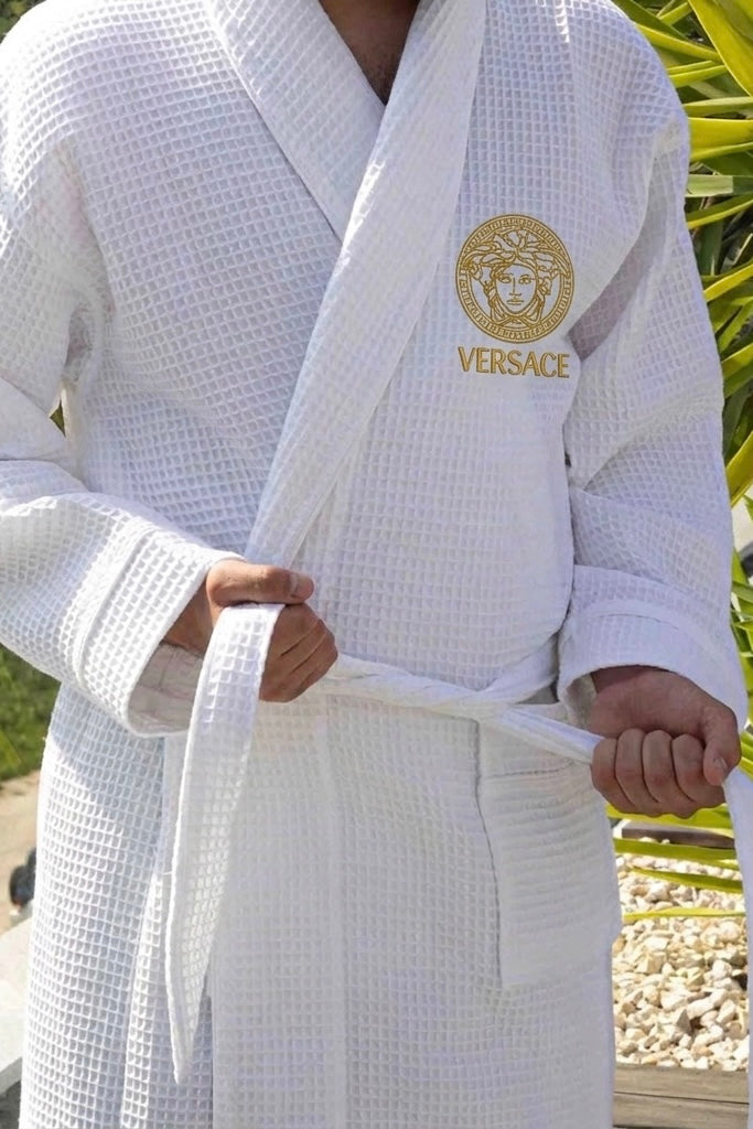 Luxury White Versace Waffle Bathrobe – Designer Unisex Robe