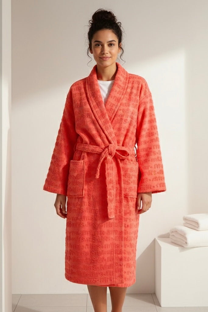 Women (Mr,s) embossed Bathrobe – Rich orange, Soft cotton , Luxurious Fit