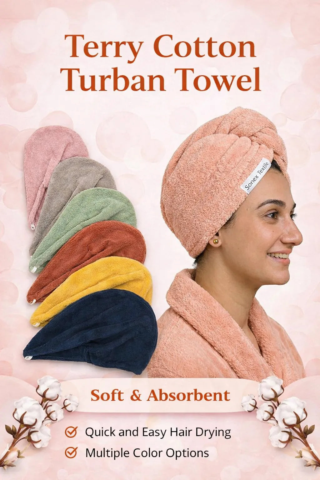 Terry Cotton Hair Turban Towel | Fast Drying, Soft & Comfortable Fit