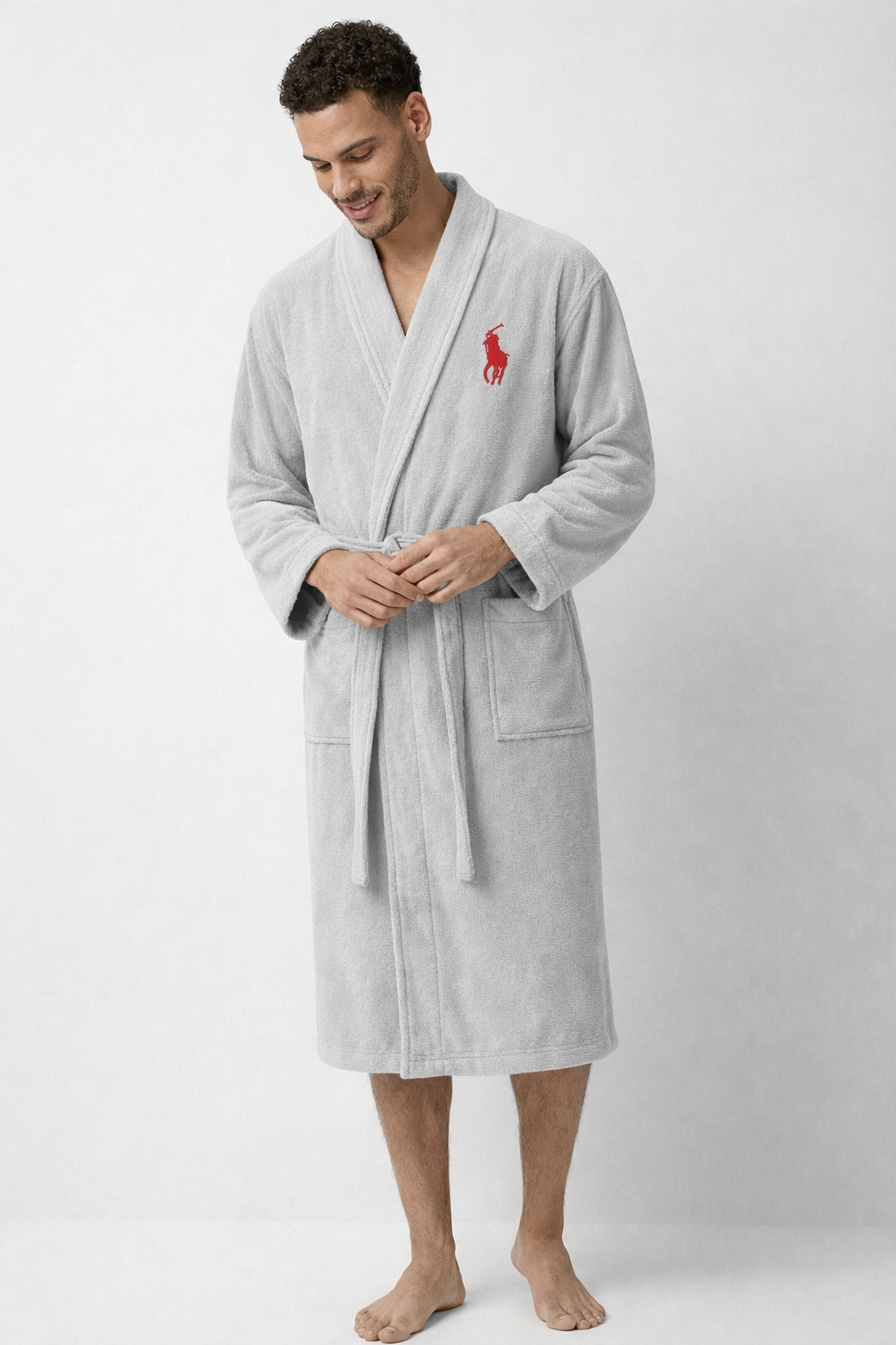 Stylish and Comfortable Grey Bathrobe with Iconic Red Polo Embroidery
