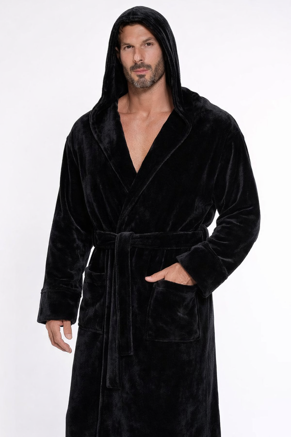 Black Unisex Soft Plush Fleece Hooded Bathrobe