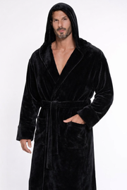 Black Unisex Soft Plush Fleece Hooded Bathrobe
