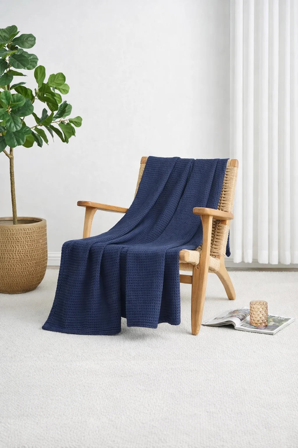 Navy Blue Waffle Blanket Close Weave | Soft, Breathable, Organic Comfort
