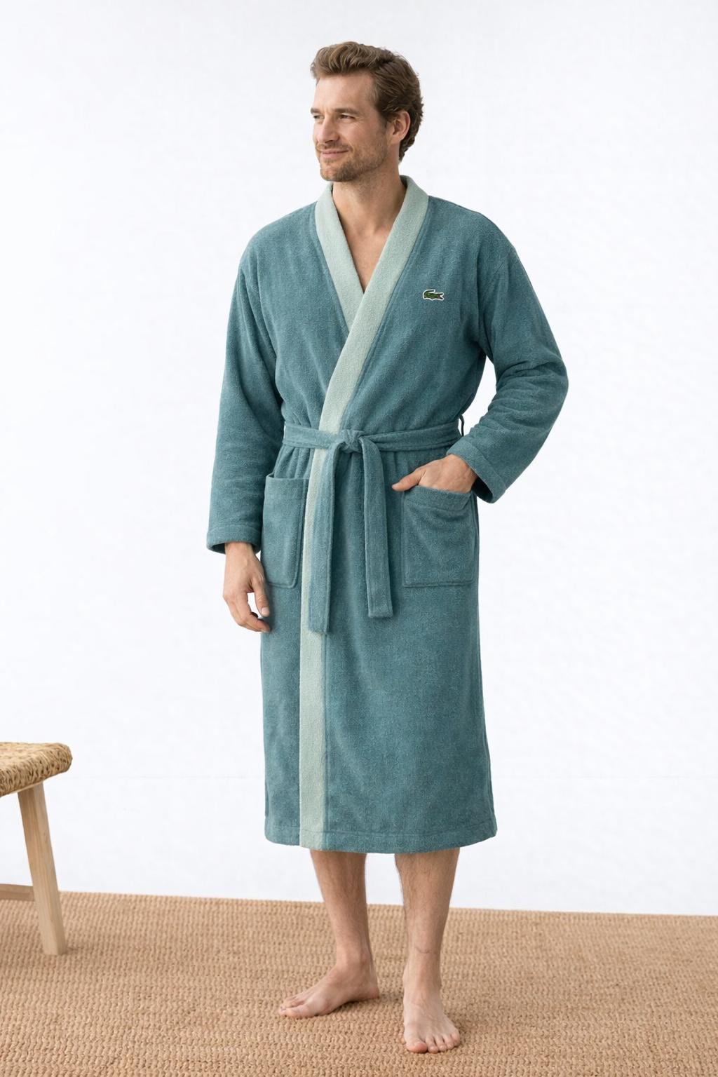 Lacoste Premium Cotton Bathrobe | 100% Cotton | Light Teal