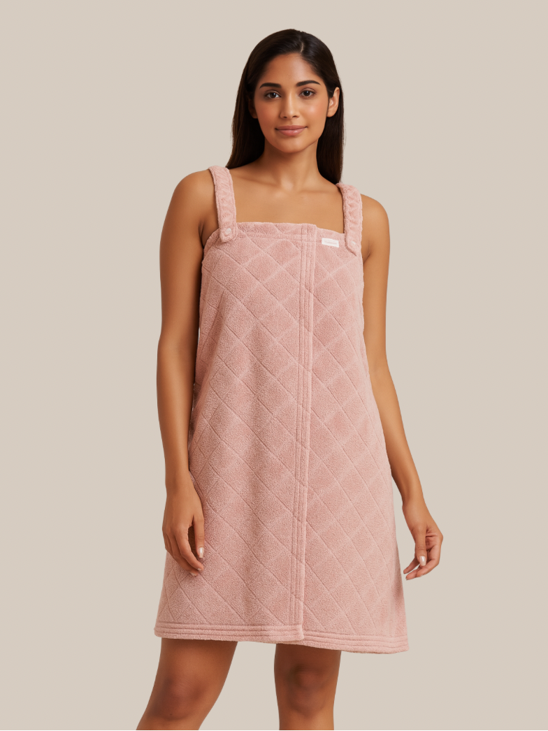 Check box Velvet Shower Wrap with strips | 100% absorption | for Ladies | pink & white