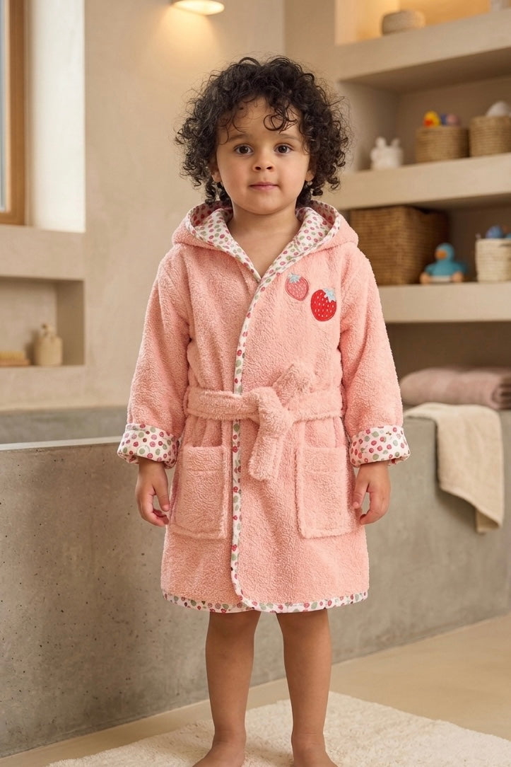 Strawberry Hooded Kids Bathrobe – Pink (Ages 9 Months to 3 Years)
