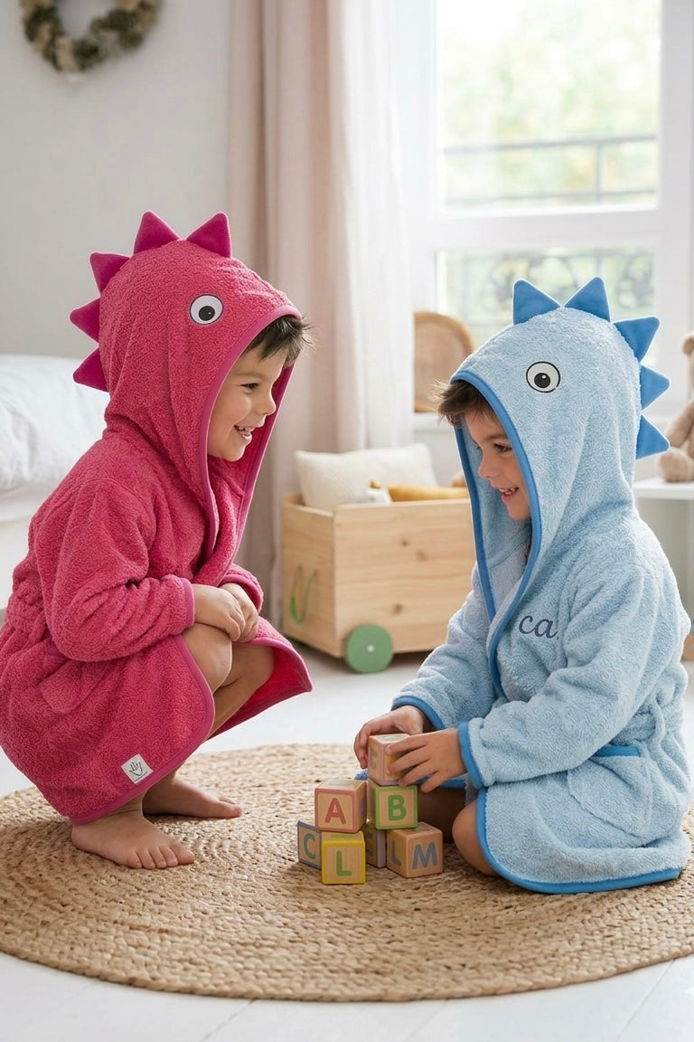 Dinosaur Hooded Kids Bathrobe – blue&pink (Ages 4 to 8)