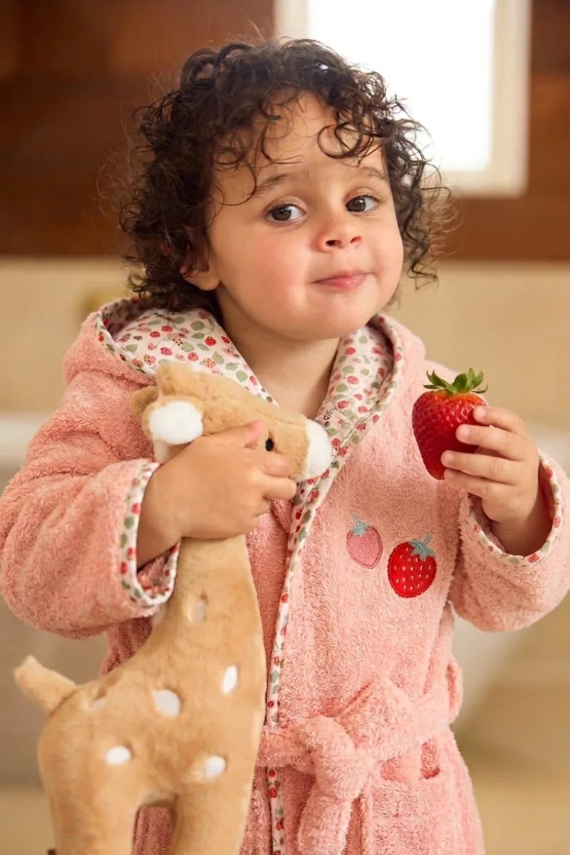 Strawberry Hooded Kids Bathrobe – Pink (Ages 9 Months to 3 Years)
