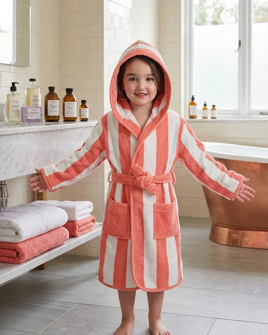 Transat Striped Hooded Bathrobe – Soft Cotton Towel Bathrobe with Belt & Pockets (Available in 5 Colors)