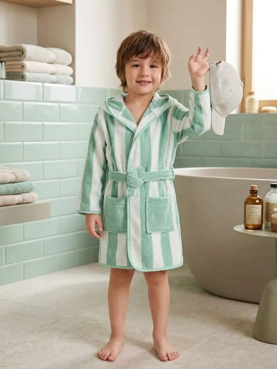 Transat Striped Hooded Bathrobe – Soft Cotton Towel Bathrobe with Belt & Pockets (Available in 5 Colors)