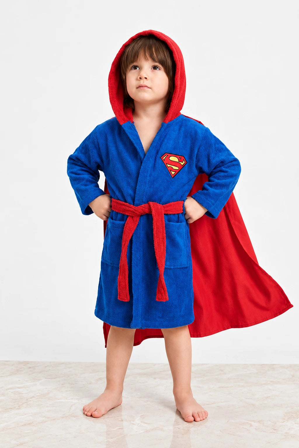 Superman Hooded Kids Bathrobe – Blue & Red (Ages 4, 6, 8 & 10 Years)