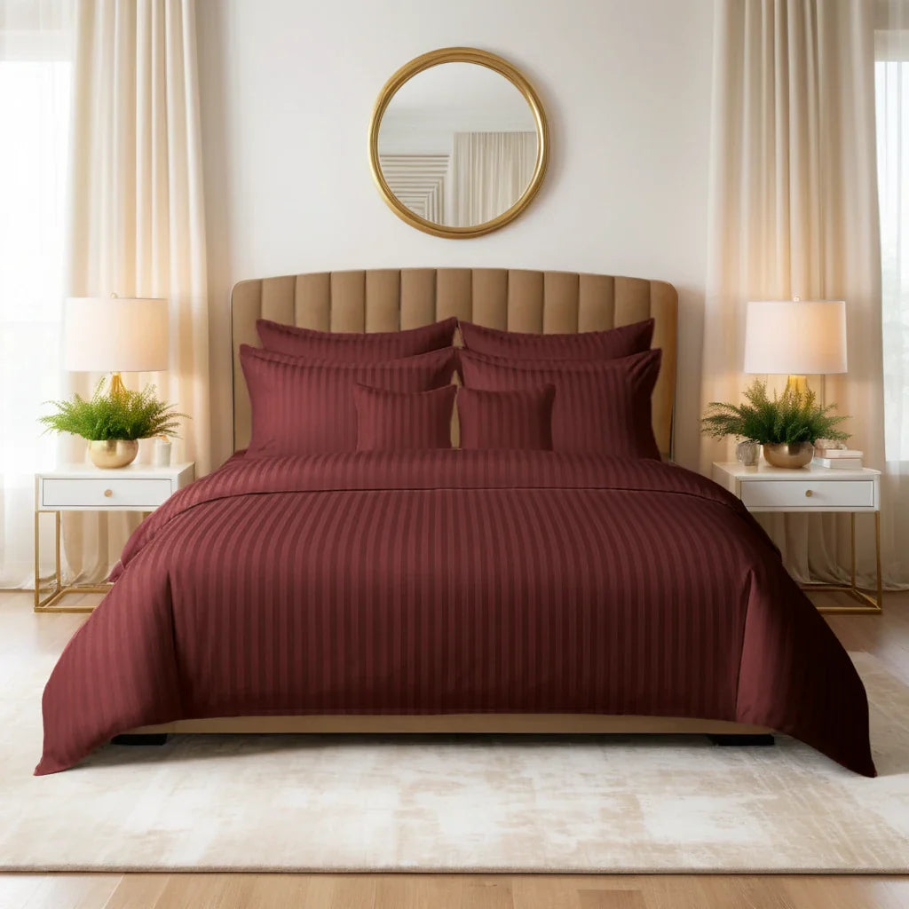 Maroon Satin Stripe Comforter Set – 8 Pieces