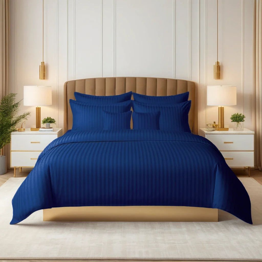 Navy Satin Stripe Duvet Covers Set – 8 Pieces