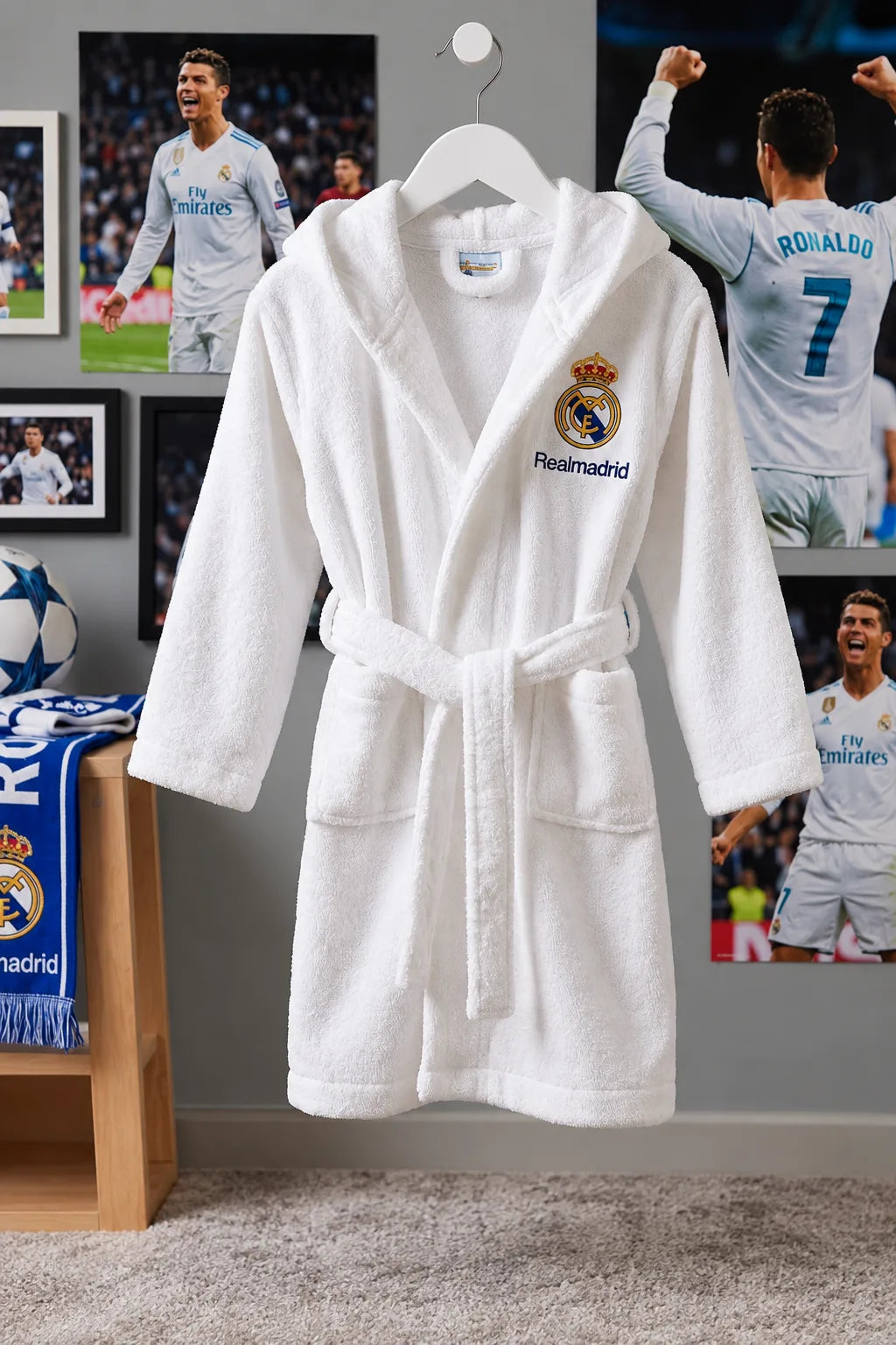 Real Madrid Kids Bathrobe – Premium White Soft & Cozy Bathrobe (Ages 4, 6, 8, 10, 12 Years)