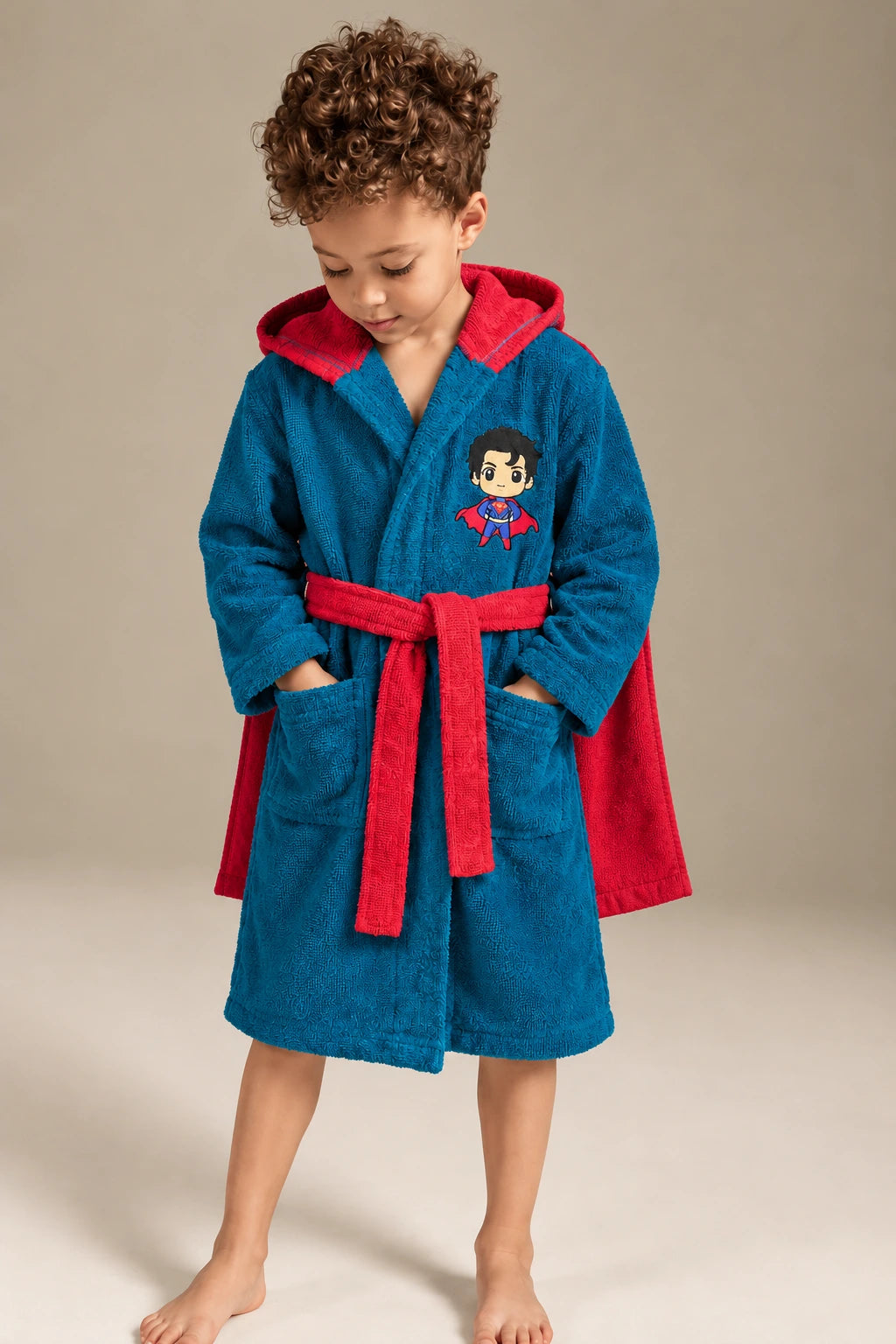 Superhero Hooded Kids Bathrobe – Blue & Red (Ages 4, 6, 8 & 10 Years)