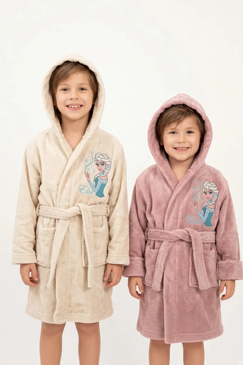 Elsa Frozen Hooded Kids Bathrobe – Cream & Dusty Pink