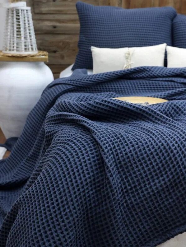 Blue Cotton Waffle Weave King Size Blanket