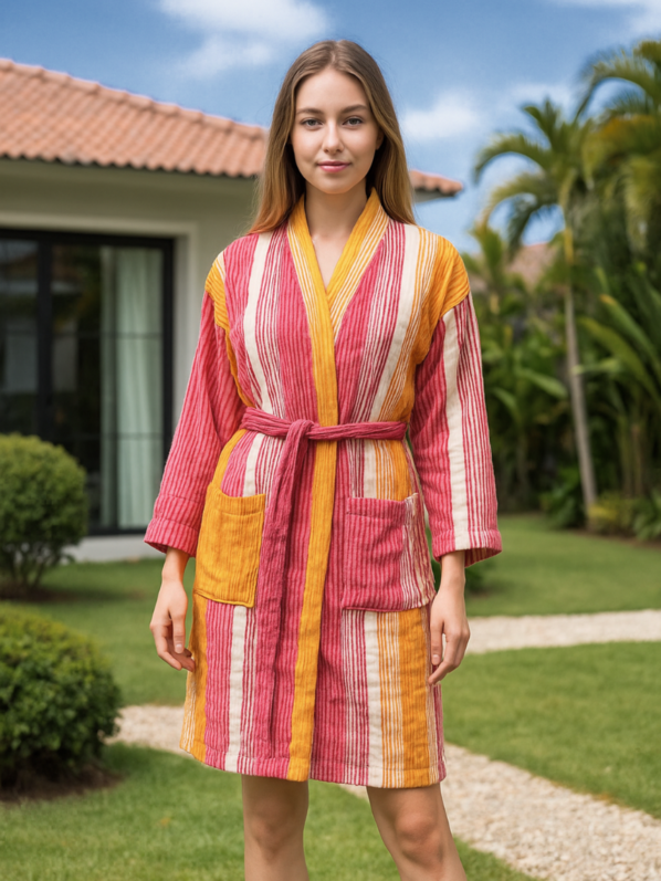 Vibrant Orange Striped Cotton Bathrobe | Unisex Comfort & Style | Premium Quality