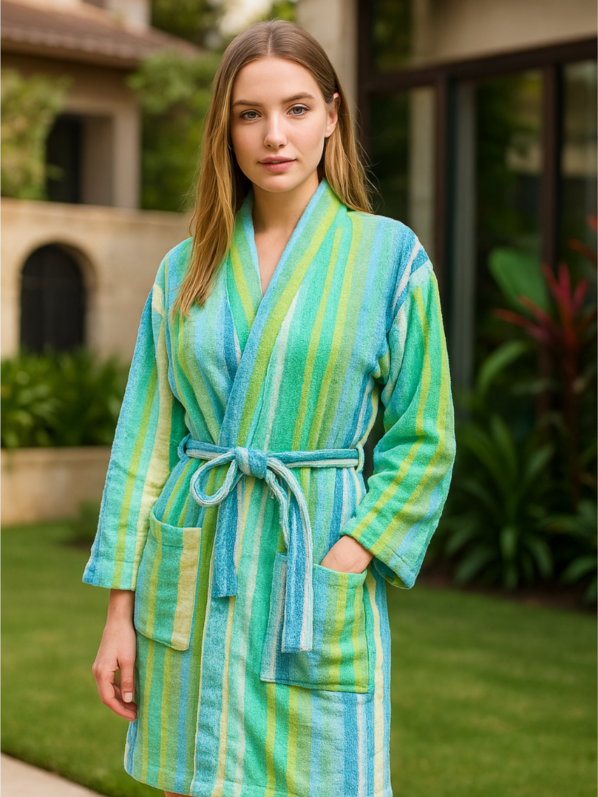 Elegant Green Cold Striped Bathrobe | Refreshing Green & Blue Hues | Unisex Comfort