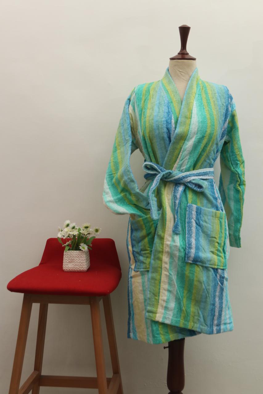Elegant Cold Striped Bathrobe | Refreshing Green & Blue Hues | Unisex Comfort