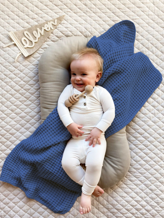 (NAVY BLUE) WAFFLE KID,S BLANKET  | 100% cotton  Soft & Cozy  Blanket, Lightweight Toddler Throw for Boys & Girls