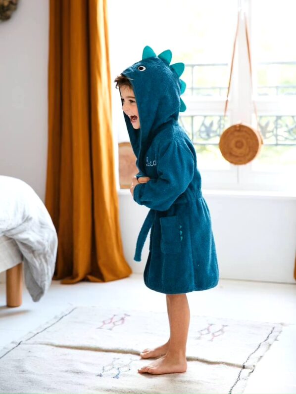 DINOSOURE HOODIED kids Bathrobe | TEAL for 4 to 10 years | Terry stuff | sonextextile