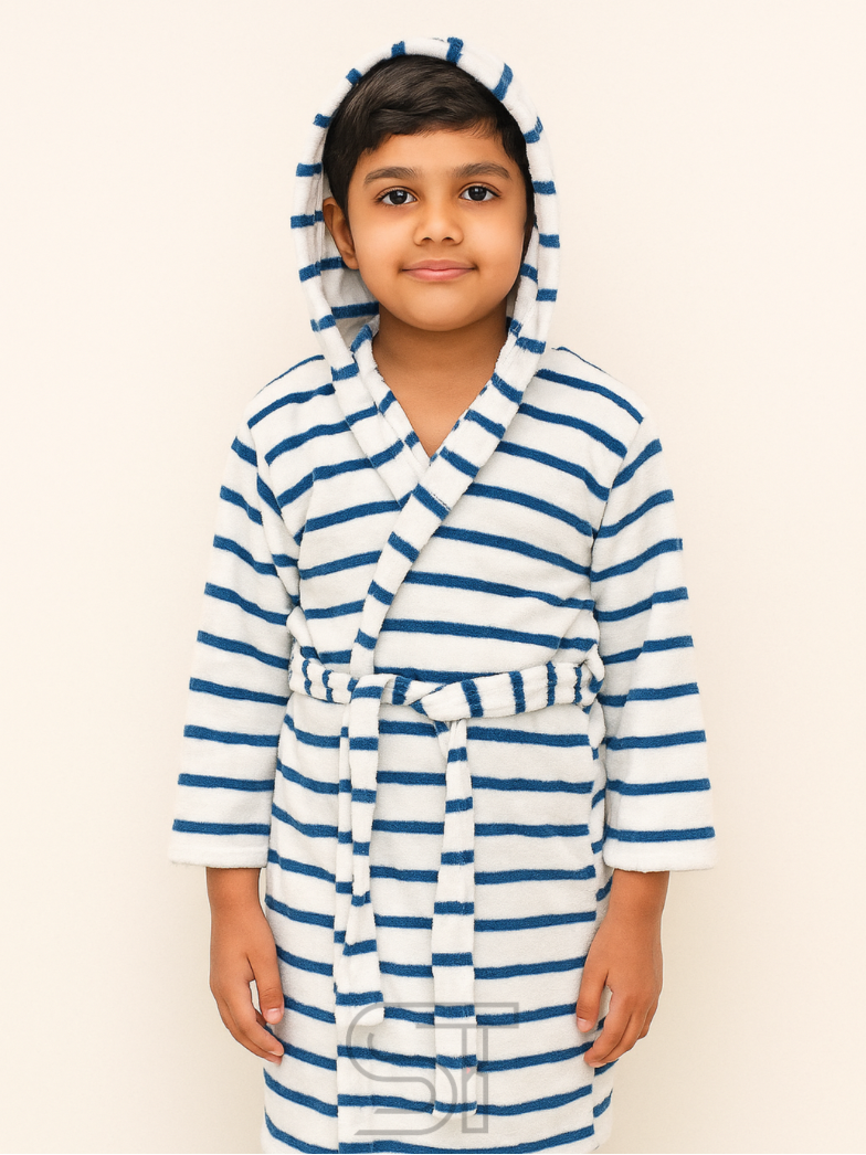 Strip blue and white velvet bathrobe | for kids special | from 2 to 10 years of kid