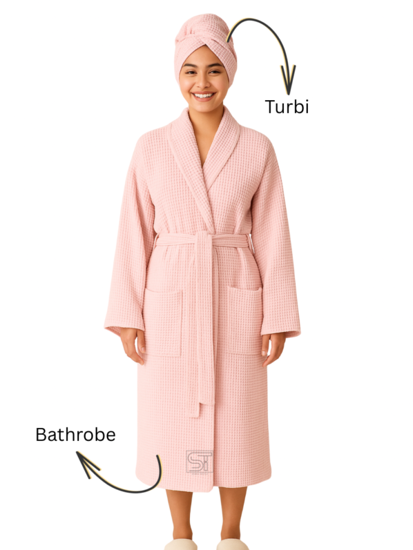 Bathrobe with Hair Turben | Pink | Waffle design 100% cotton | Women Bathrobe